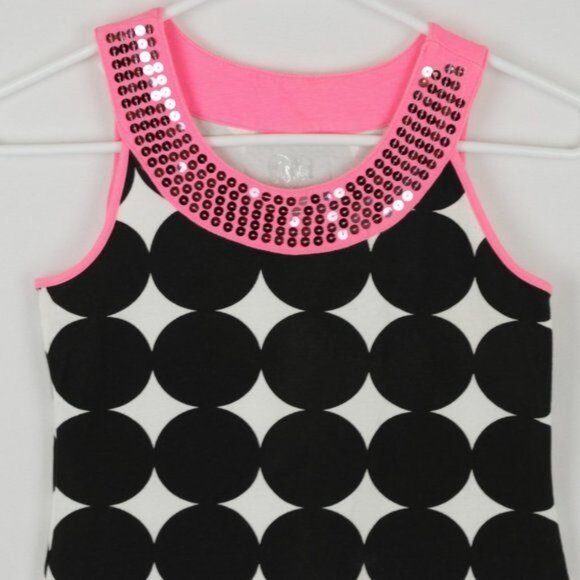 Justice Girls Size 12 Pink Black Polka Dot Sequined Sleeveless Knit Casual Dress - Picture 2 of 8